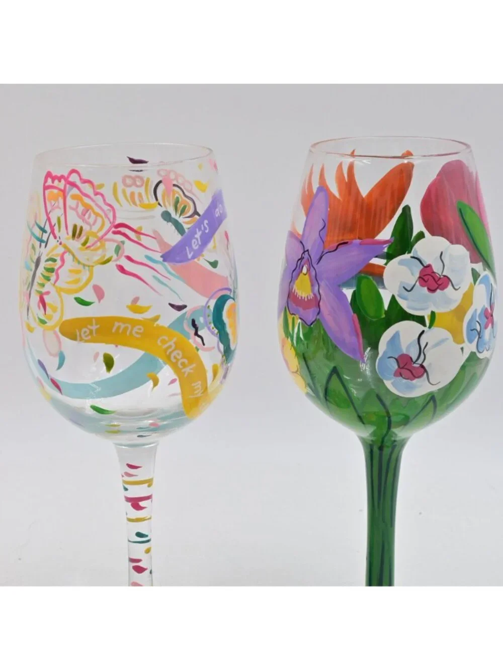 Lolita Hand Painted Wine Glasses Floral & Butterfly Designs 2 Piece Set